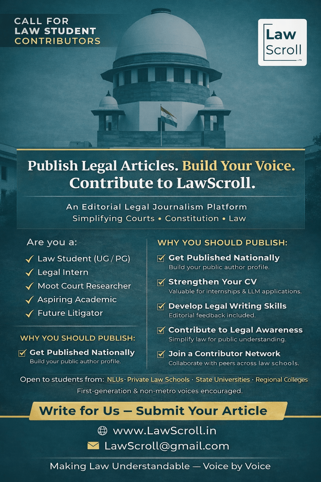 Publish your legal articles, case law analysis, and opinions on LawScroll — India’s legal journalism platform for students, lawyers, and scholars. Get editorial review and national visibility.
